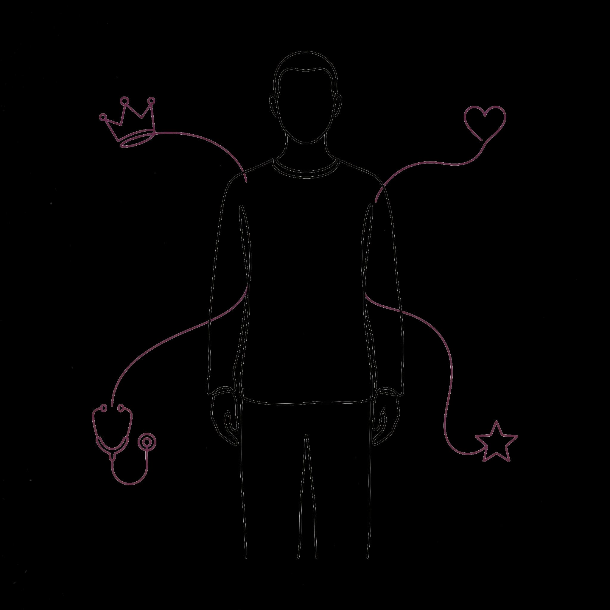 One-Liner-Illustration: Eine zentrale, geschlechtsneutrale Figur, um die in plumfarbenen Linien vier Rollen-Symbole schweben — Krone, Herz, Stethoskop und Stern